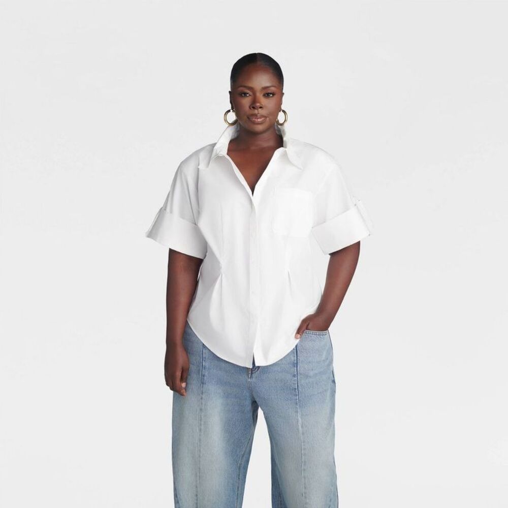 KBB by KAHLANA Women's Short Sleeve' The Hourglass Button-Down Shirt' White L